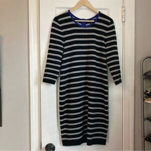 Aqua Black and Gray Striped Long Sleeve 100% Cashmere Sweater Dress